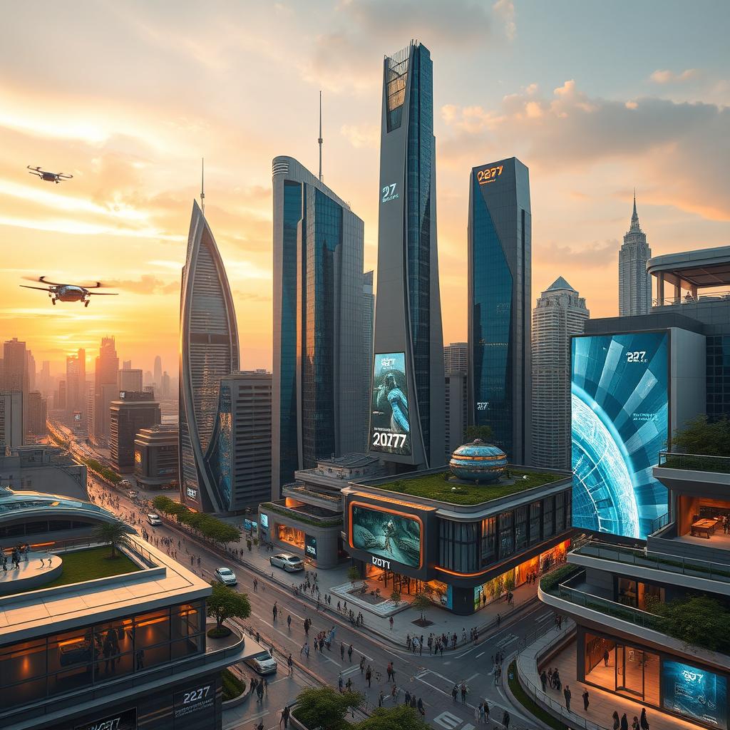 A futuristic cityscape in the year 2027, featuring sleek skyscrapers made of glass and steel, advanced technology like flying cars and holographic advertisements brightening the streets
