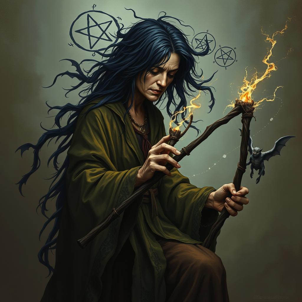 A mystical, old woman with tangled black hair, depicted in a dark fantasy style
