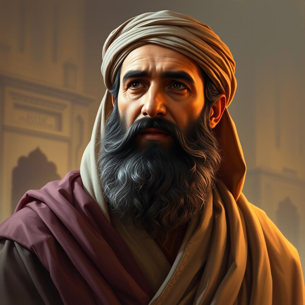A realistic portrait of Imam Ali, capturing the strength and wisdom in his expression