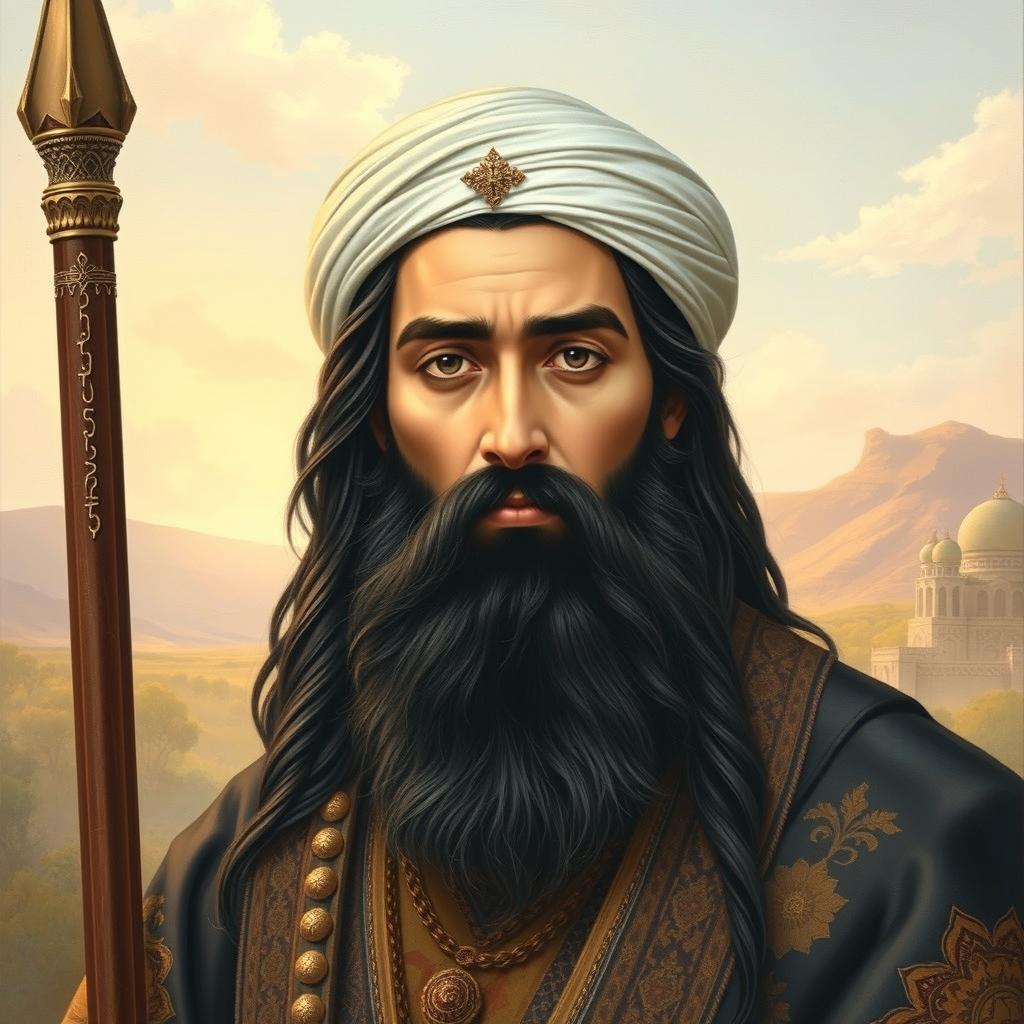 A highly detailed and respectful artistic interpretation of Imam Hussein, featuring a noble and serene expression