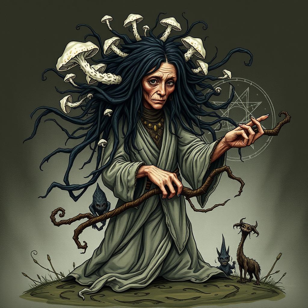 A mystical, old woman with tangled black hair featuring protruding mushrooms