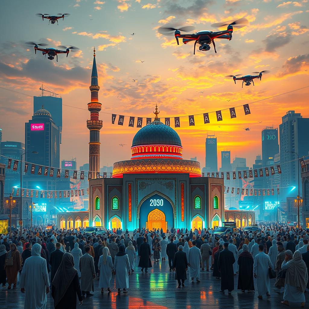A futuristic depiction of Karbala in the year 2030, showcasing a blend of traditional Islamic architecture and advanced technology