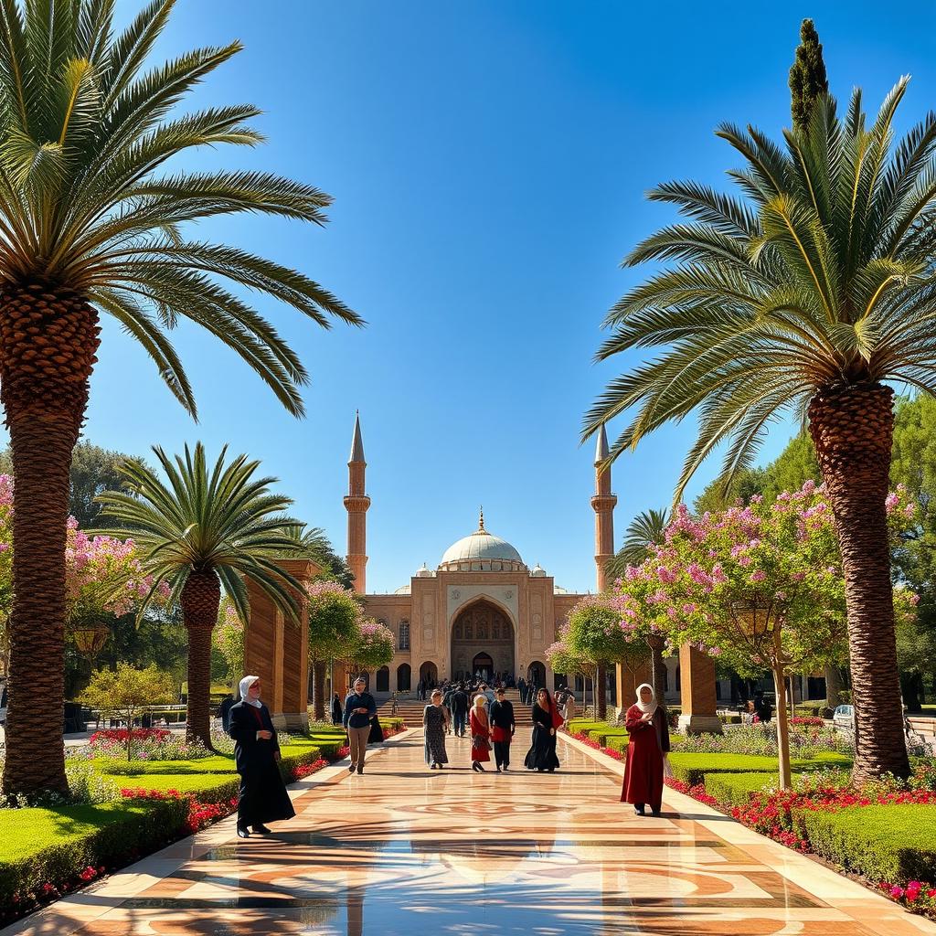 A stunning landscape of Shiraz, Iran featuring the beautiful Nasir al-Mulk Mosque, known for its breathtaking stained glass windows casting colorful reflections on the floor