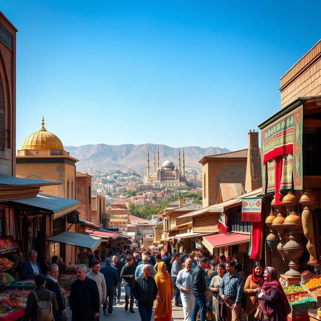 A scenic view of a busy Iranian marketplace bustling with activity, showcasing traditional Persian architecture and colorful textiles