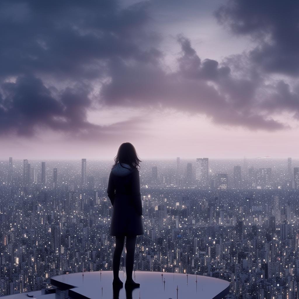 A Makoto Shinkai style Tokyo cityscape with towering buildings, magnificent skyscape and a beautiful girl standing poised in the forefront