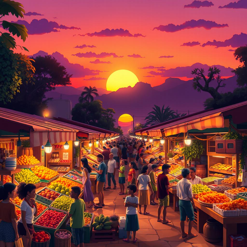 A vibrant scene featuring a dynamic and colorful animation of a bustling marketplace at dusk, where various colorful stalls are displaying an array of fruits, vegetables, and handmade crafts