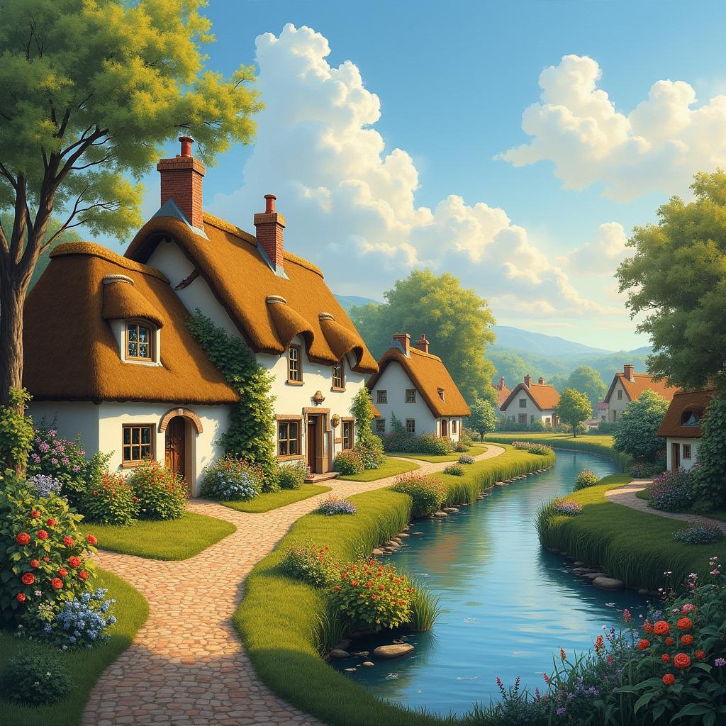 An idyllic and peaceful village scene, captured in the style of an oil painting