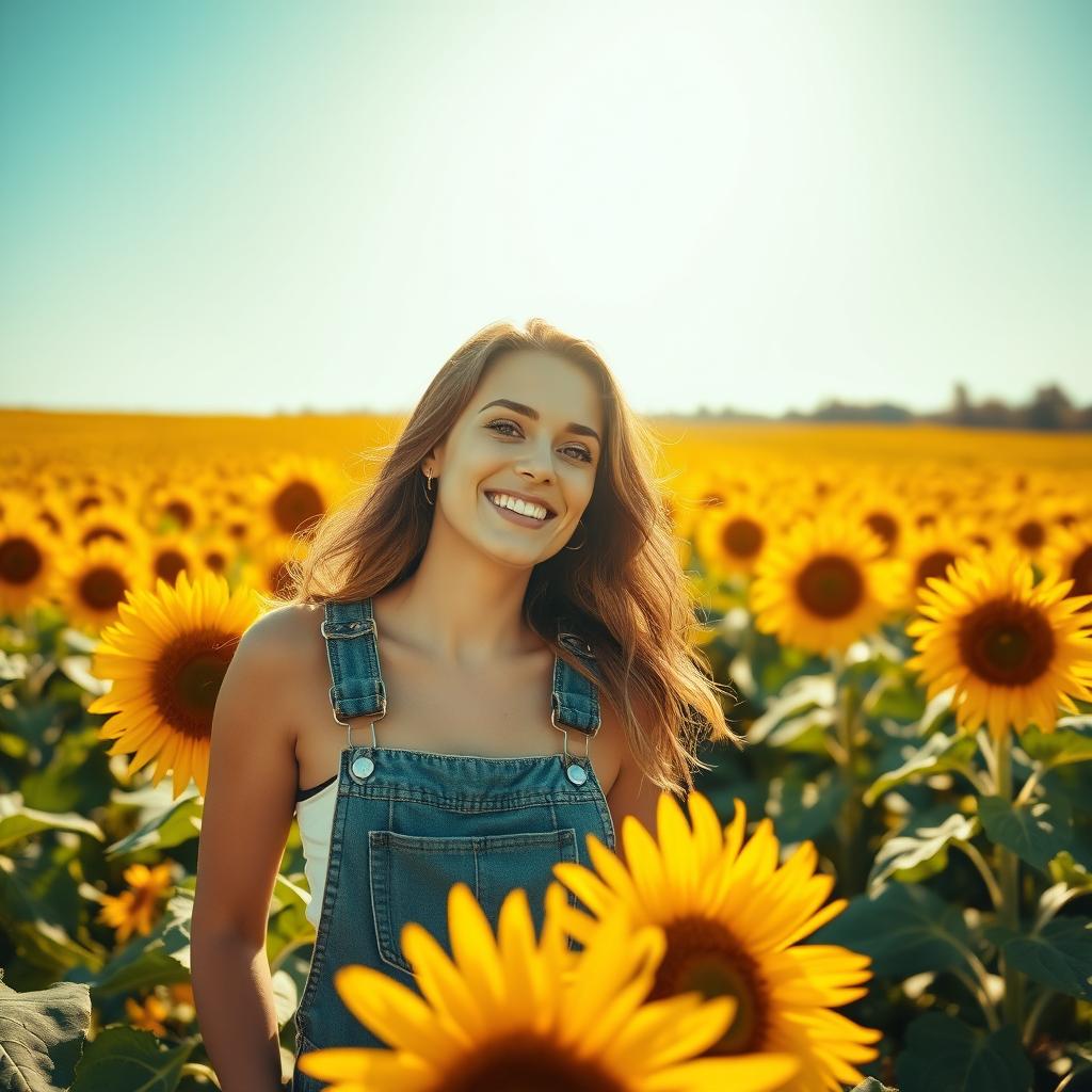 A beautiful woman in a sunflower field, wearing a stylish overall