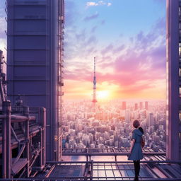 A Makoto Shinkai style Tokyo cityscape with towering buildings, magnificent skyscape and a beautiful girl standing poised in the forefront