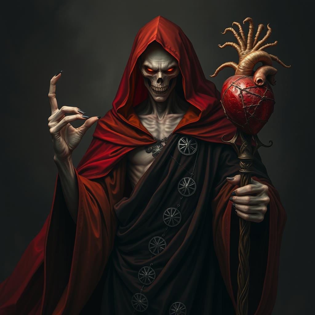 A gaunt man draped in flowing crimson and black robes, adorned with silver symbols of undeath