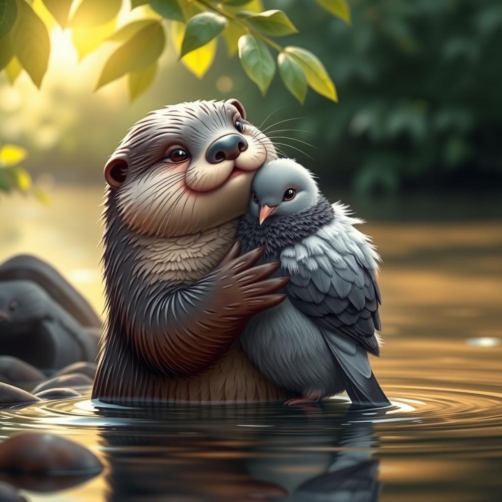 A charming scene of an otter and a pigeon embracing in a warm hug, showcasing their adorable expressions