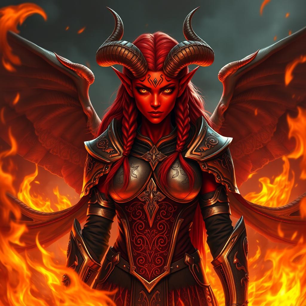 A fierce female tiefling with striking red skin and radiant yellow eyes