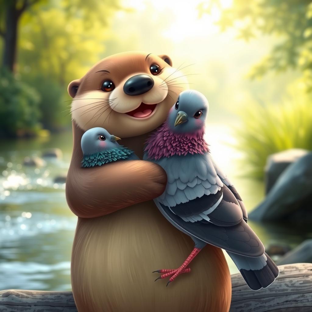 A charming scene depicting an otter and a pigeon happily hugging each other