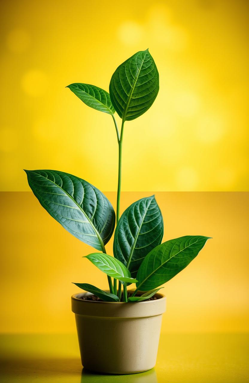 Three leaves elegantly arranged in a pot, set against a golden green background reminiscent of the origins of life
