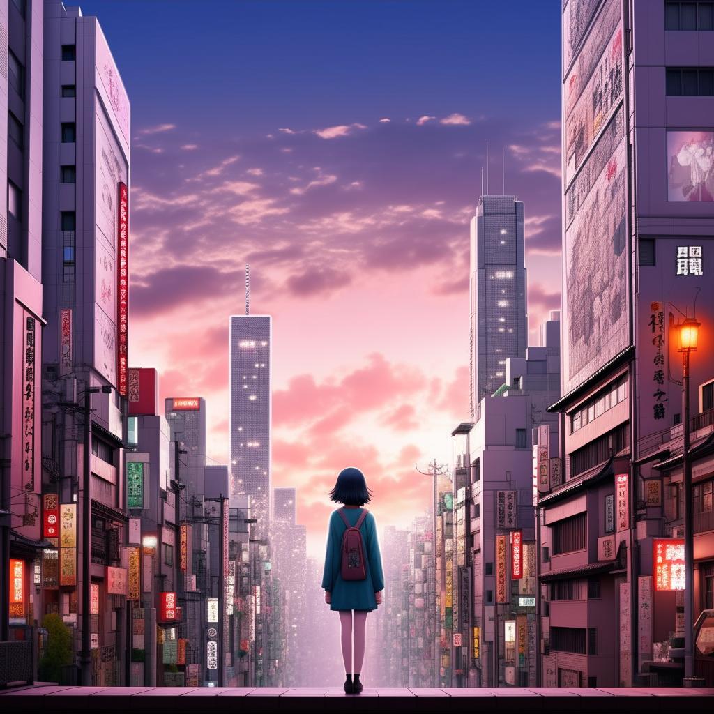 A Makoto Shinkai style Tokyo cityscape with towering buildings, magnificent skyscape and a beautiful girl standing poised in the forefront