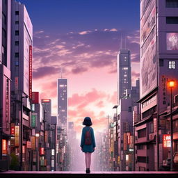 A Makoto Shinkai style Tokyo cityscape with towering buildings, magnificent skyscape and a beautiful girl standing poised in the forefront