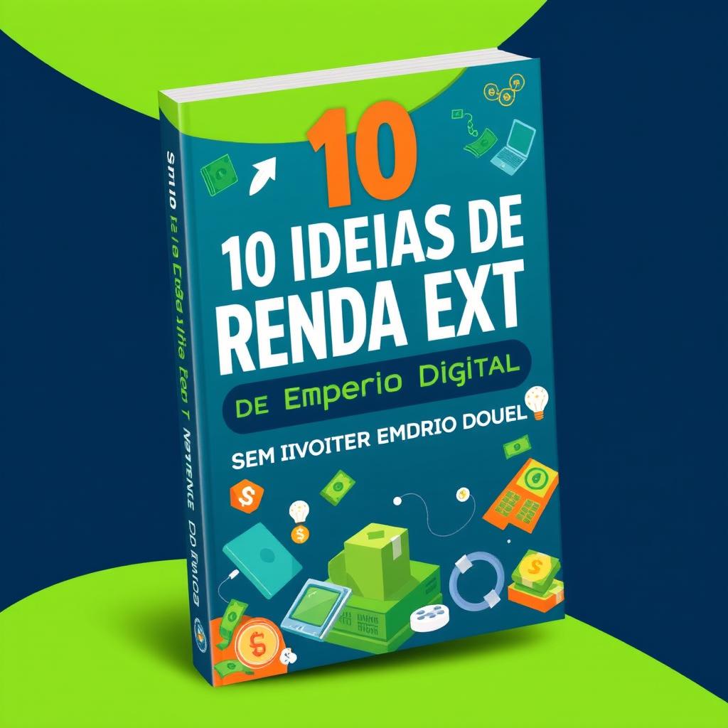 A visually appealing e-book cover design for '10 Ideias de Renda Extra sem Investir Nada de Império Digital'