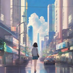 Redo of Tokyo cityscape in Makoto Shinkai's distinct style, with a focal point on a graceful girl amidst architectural marvels and an enchanting sky