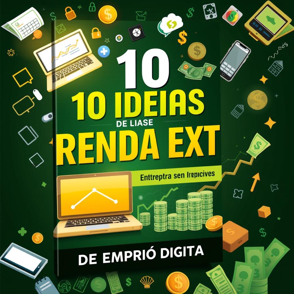 An engaging and persuasive e-book cover design for '10 Ideias de Renda Extra sem Investir Nada de Império Digital'