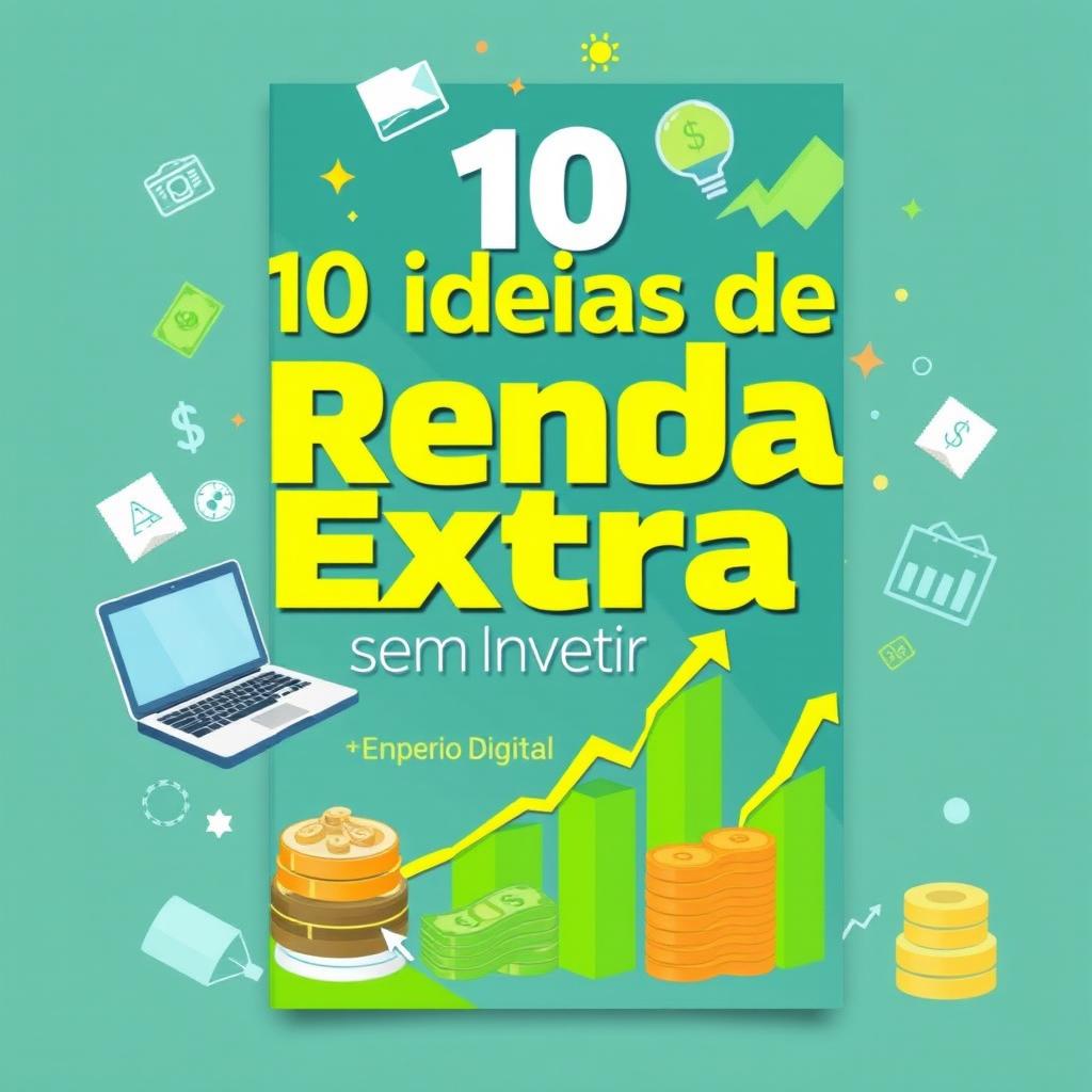 A compelling and visually appealing e-book cover design for '10 Ideias de Renda Extra sem Investir Nada de Império Digital'