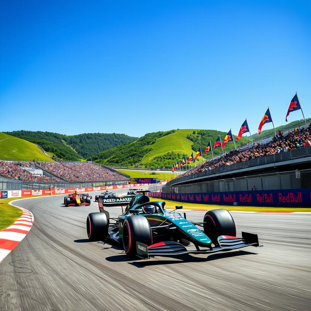 An exhilarating scene of an F1 race at the Red Bull Ring featuring an Aston Martin racing car
