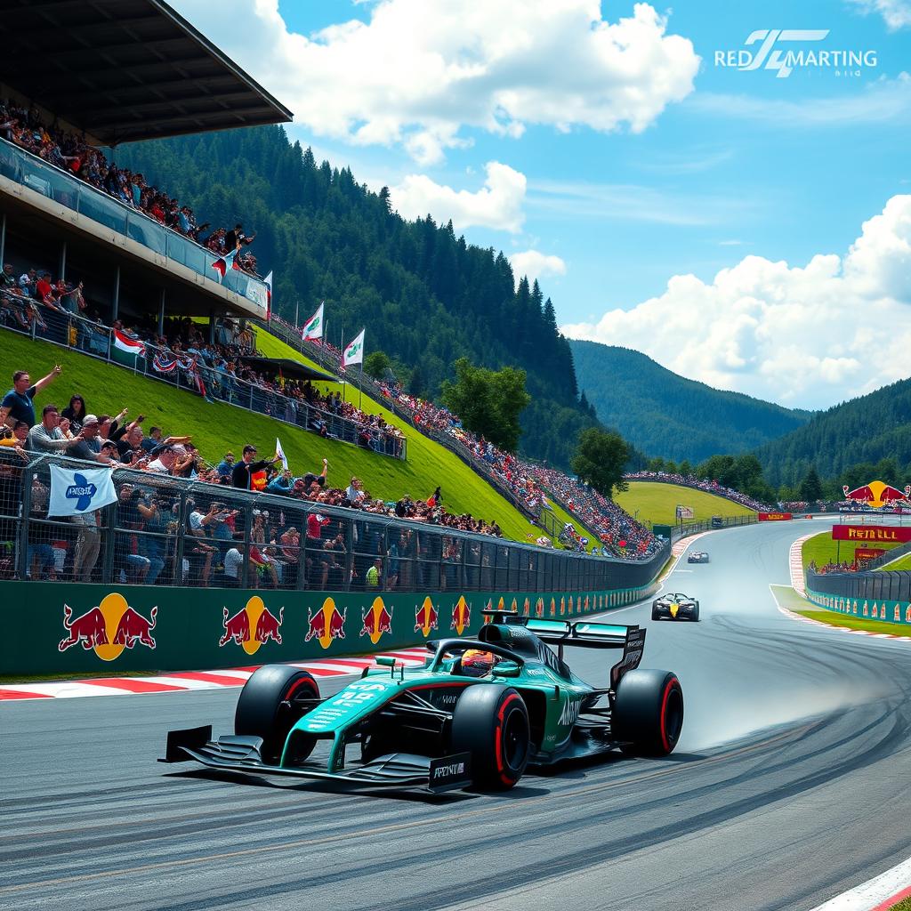 An exciting Formula 1 race scene featuring Aston Martin racing at the Red Bull Ring in Austria