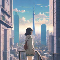 Redo of Tokyo cityscape in Makoto Shinkai's distinct style, with a focal point on a graceful girl amidst architectural marvels and an enchanting sky