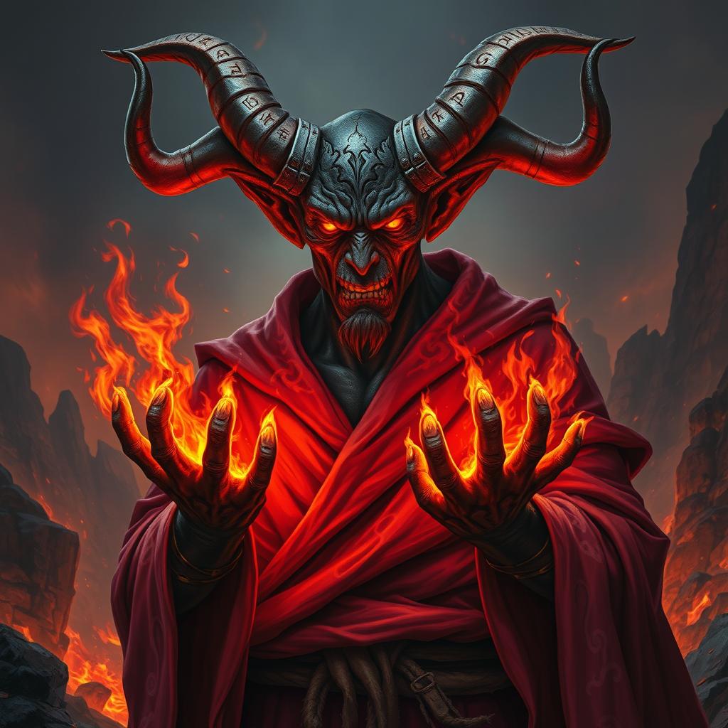 A tall tiefling with blackened, cracked skin that glows like molten rock