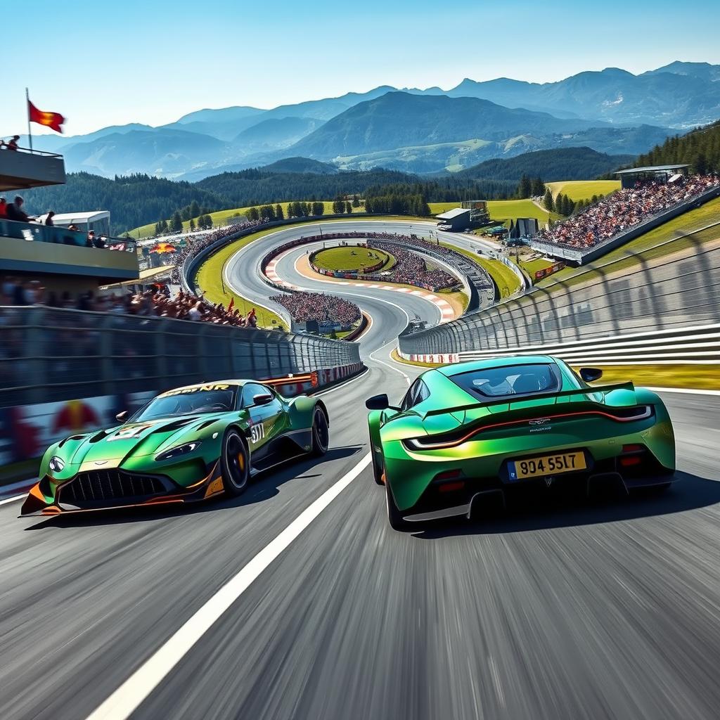 A thrilling Formula 1 race scene set at the Red Bull Ring, featuring two vibrant Aston Martin cars racing against each other