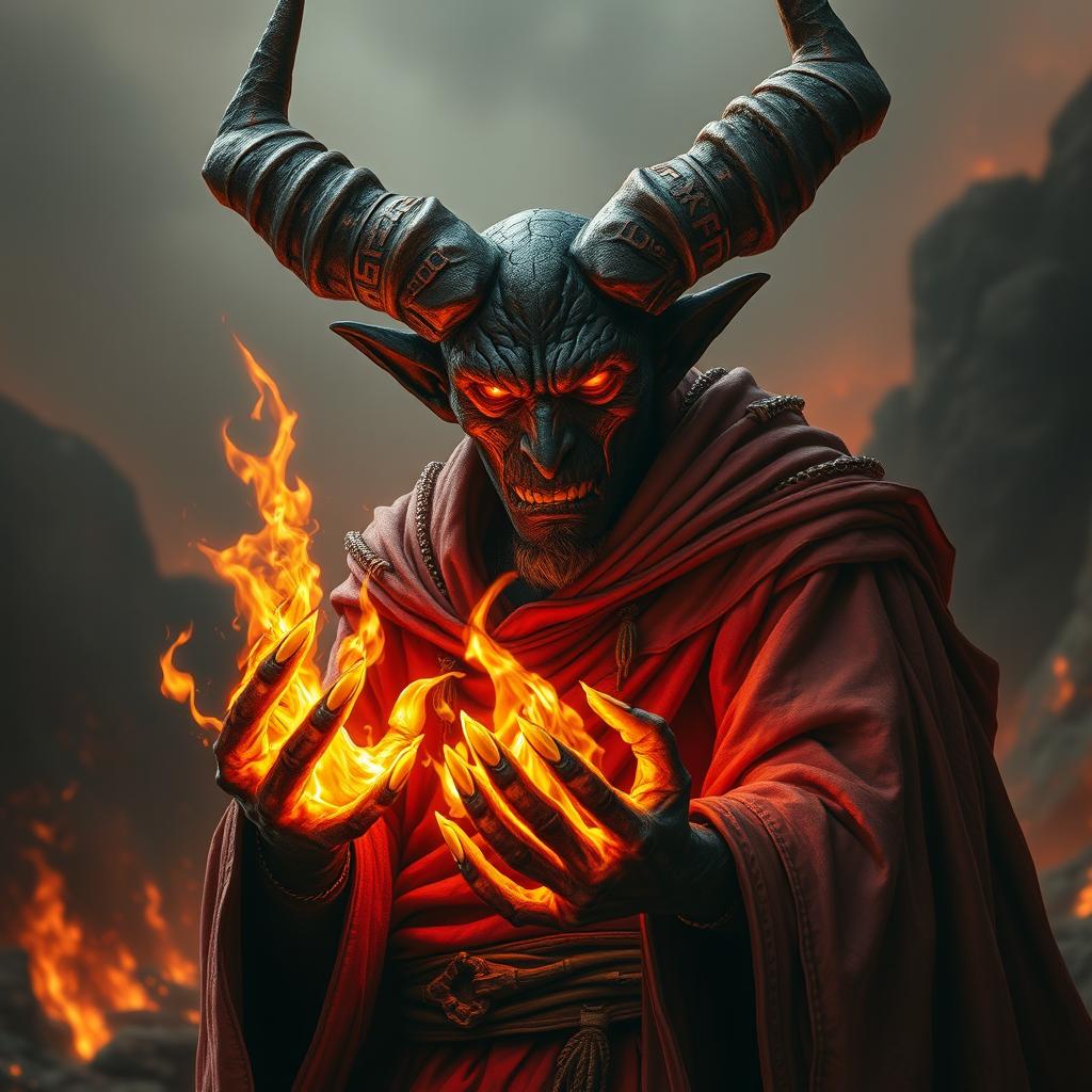 A tall tiefling with blackened, cracked skin that glows like molten rock