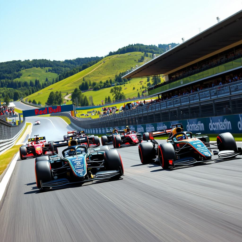 A thrilling Formula 1 race featuring Aston Martin cars on the iconic Red Bull Ring circuit in Austria