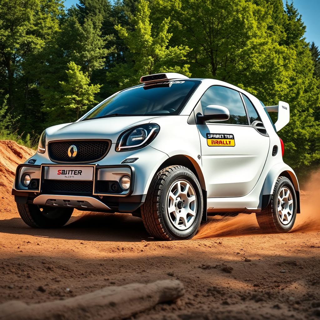 A sleek, sporty rally car design inspired by a Smart car, featuring a glossy white exterior