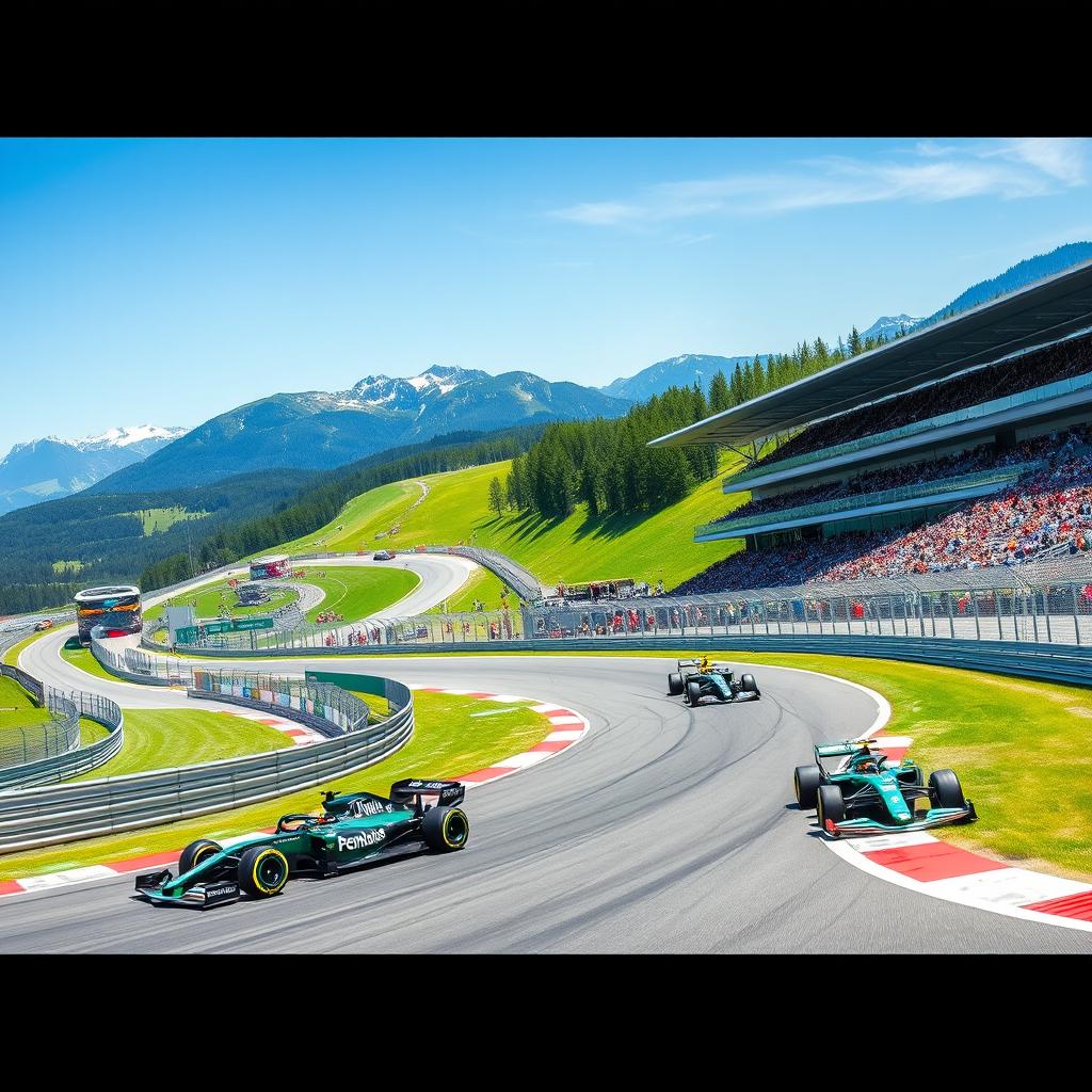 An exhilarating Formula 1 race at Red Bull Ring featuring Aston Martin cars speeding around the iconic circuit
