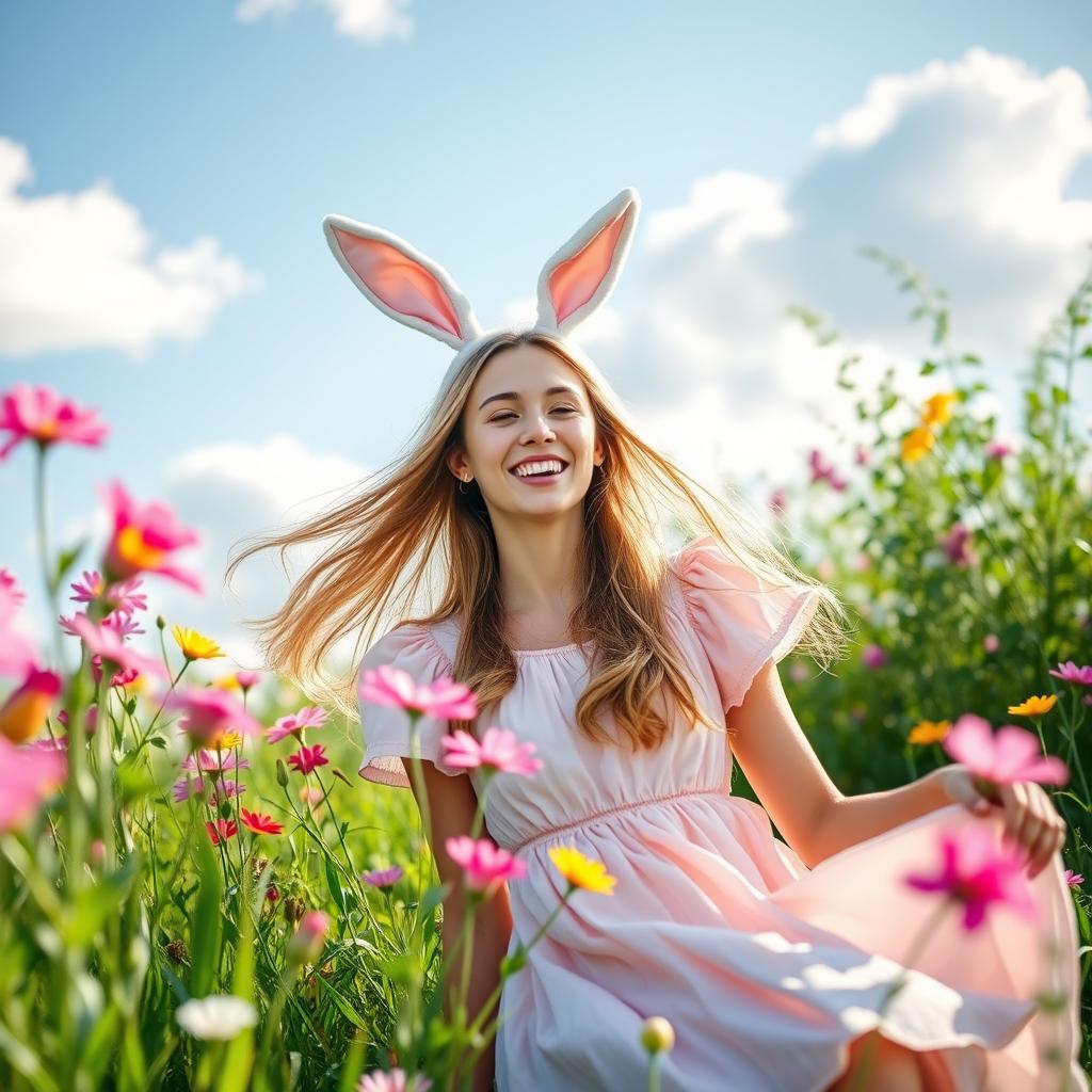A playful and whimsical scene featuring a cheerful young adult woman with long, flowing hair, playfully wearing cute bunny ears