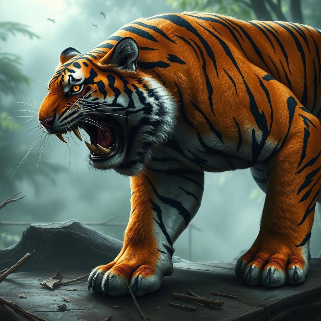 The Jungle Tiger is a massive, muscle-bound feline showcasing striking striped orange and black fur, adorned with old battle scars that tell tales of ferocity