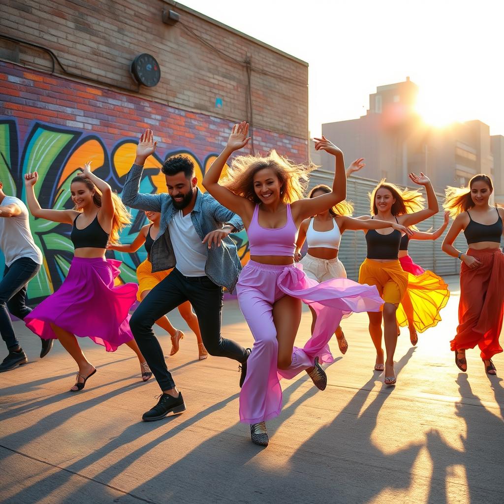 A vibrant and dynamic scene capturing a group of dancers performing a high-energy contemporary dance routine in an urban setting