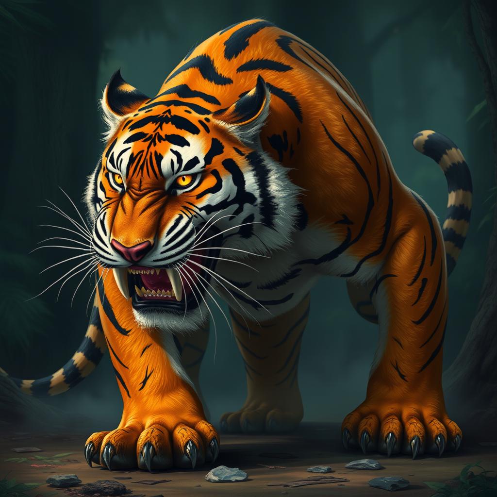 The Jungle Tiger is a massive, muscle-bound feline featuring striking striped orange and black fur, embellished with old battle scars that tell stories of its ferocity