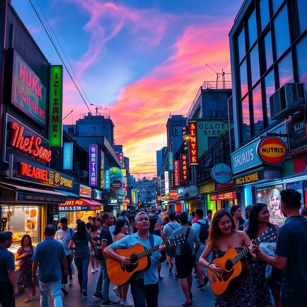 A bustling city street during twilight, filled with vibrant neon lights illuminating the scene