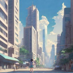 Redo of Tokyo cityscape in Makoto Shinkai's distinct style, with a focal point on a graceful girl amidst architectural marvels and an enchanting sky