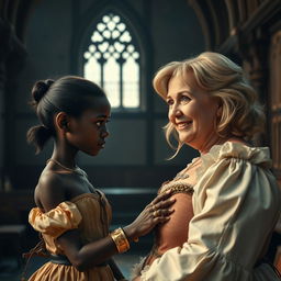 Inside a medieval palace, a very short and malnourished 18-year-old Black woman with deep black skin and an intense expression stands out