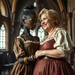 Inside a medieval palace, a very short and malnourished 18-year-old Black woman with deep black skin and an intense expression stands out
