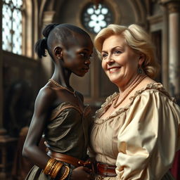 Inside a medieval palace, a very short and malnourished 18-year-old Black woman with deep black skin and an intense expression stands out