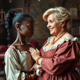 Inside a medieval palace, a very short and malnourished 18-year-old Black woman with deep black skin and an intense expression stands out