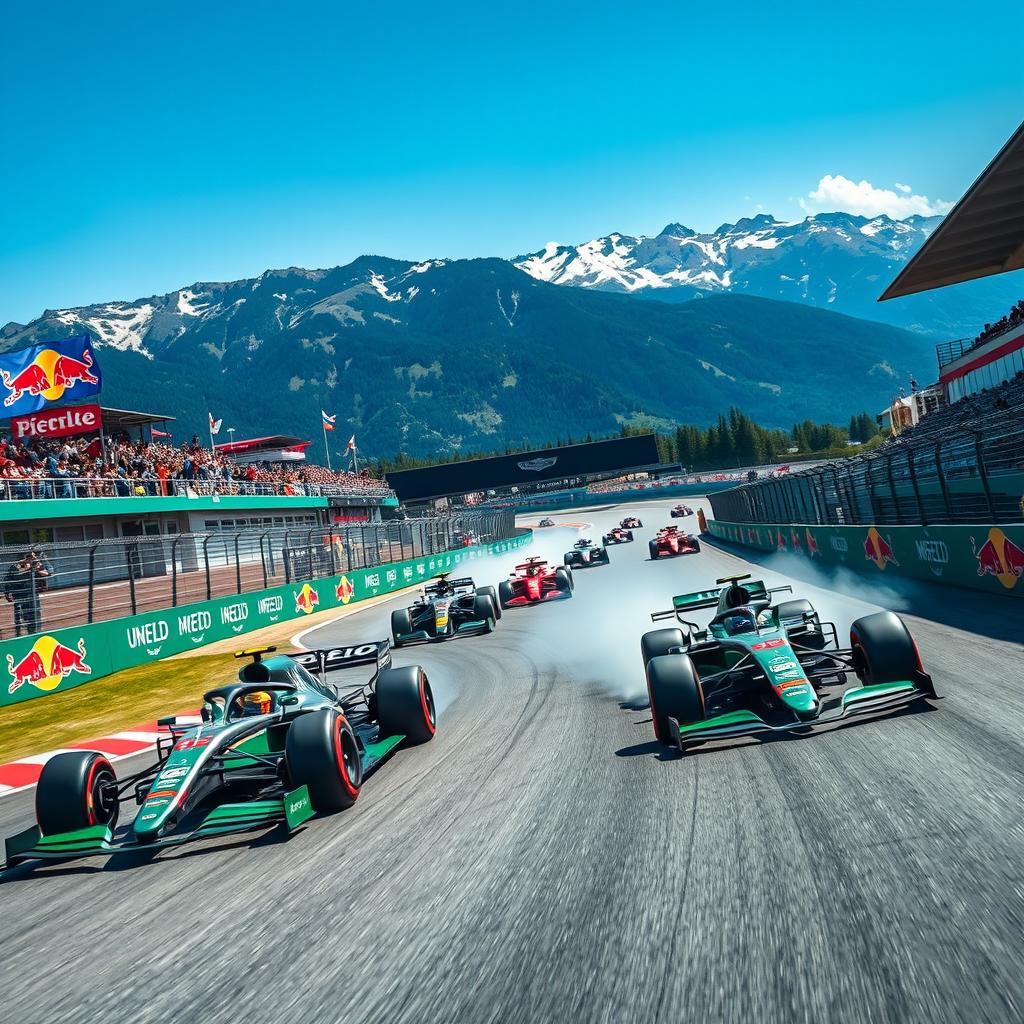 A thrilling scene of an F1 race taking place at the Red Bull Ring in Austria featuring a fierce competition between Aston Martin and other F1 teams