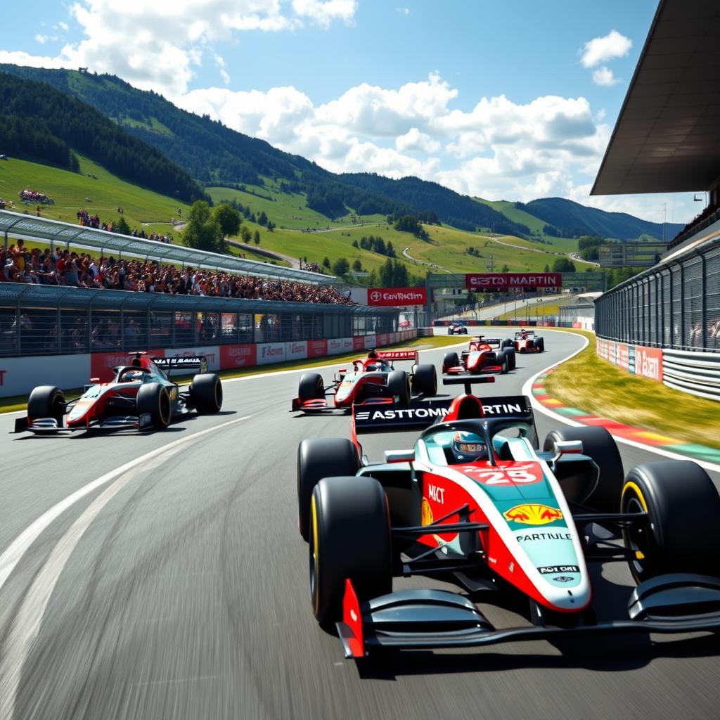 An exciting Formula 1 race scene featuring Aston Martin cars racing on the Red Bull Ring circuit in Austria