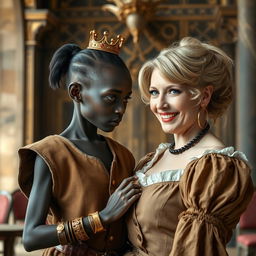 Inside a medieval palace, a very short and malnourished 18-year-old Black woman with deep black skin and an intense expression is featured
