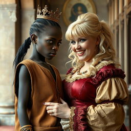 Inside a medieval palace, a very short and malnourished 18-year-old Black woman with deep black skin and an intense expression is featured
