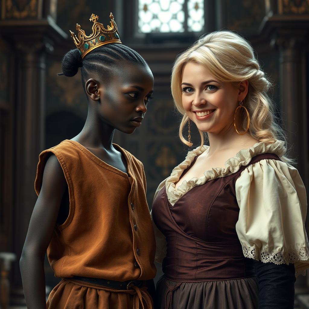 Inside a medieval palace, a very short and malnourished 18-year-old Black woman with deep black skin and an intense expression is featured