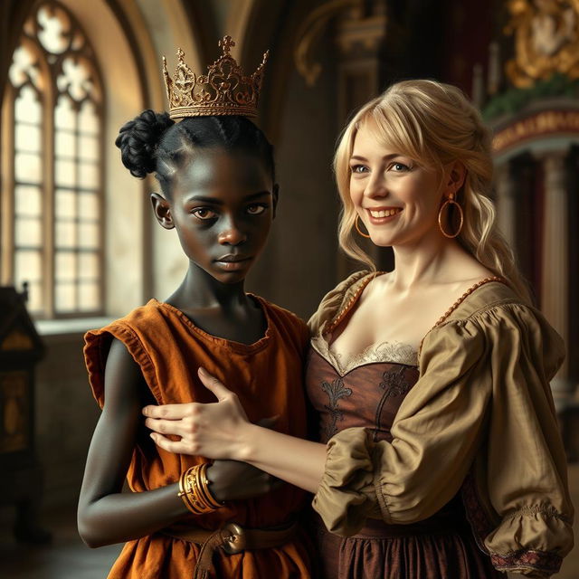 Inside a medieval palace, a very short and malnourished 18-year-old Black woman with deep black skin and an intense expression is featured