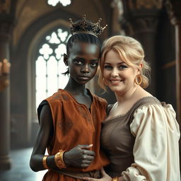 Inside a medieval palace, a very short and malnourished 30-year-old Black woman with deep black skin and an intense expression is featured